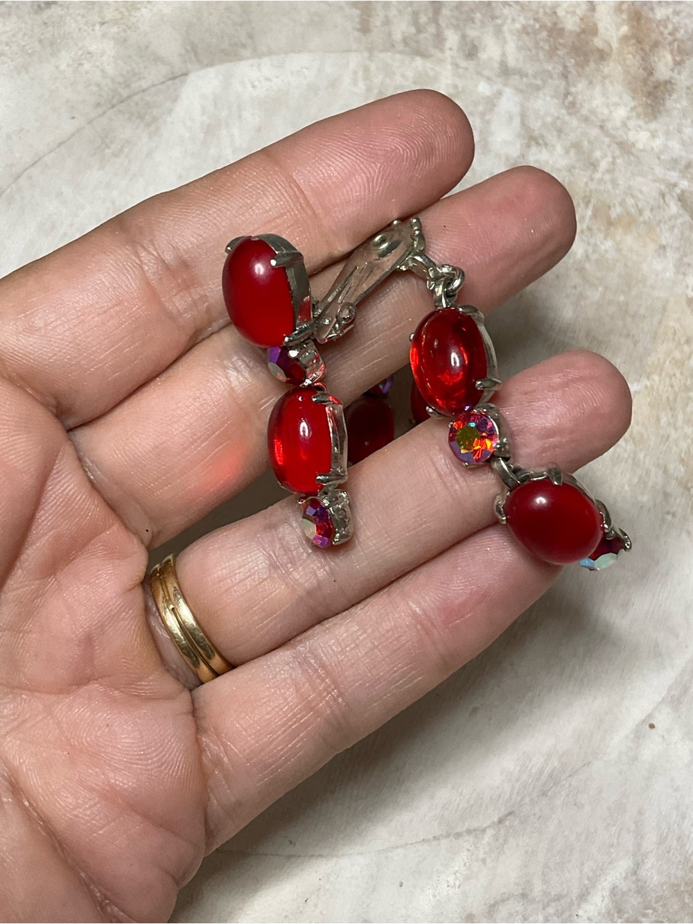 1950s Signed Selro Red Cabochon Statement Earrings - Picture 2 of 8